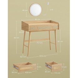 Makeupbord med lys, spejl og skuffer - eg beige - beheme stil