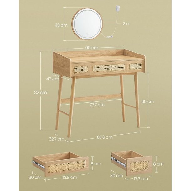 Makeupbord med lys, spejl og skuffer - eg beige - beheme stil
