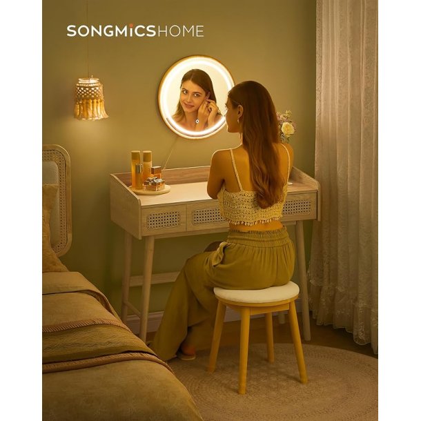 Makeupbord med lys, spejl og skuffer - eg beige - beheme stil