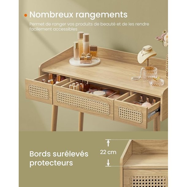 Makeupbord med lys, spejl og skuffer - eg beige - beheme stil