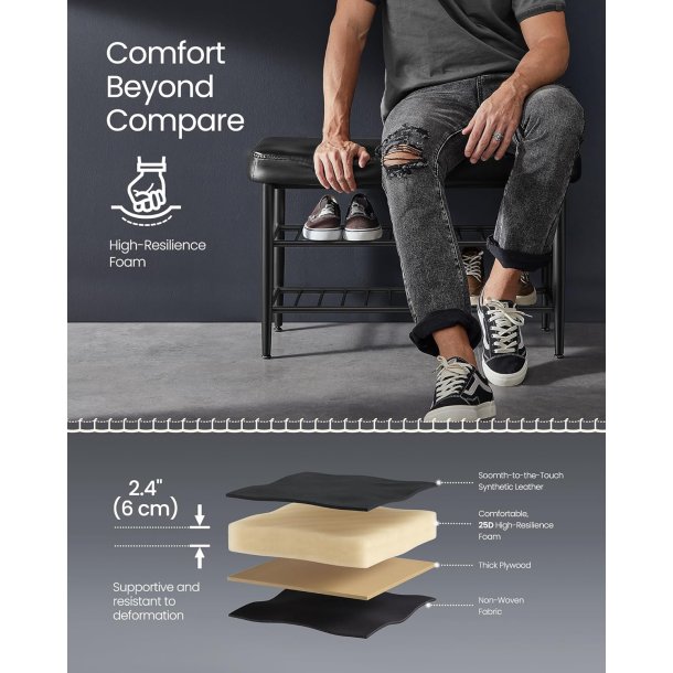 Opbevaringsbnk - siddebnk med skohylder - sort 30 x 80 x 50