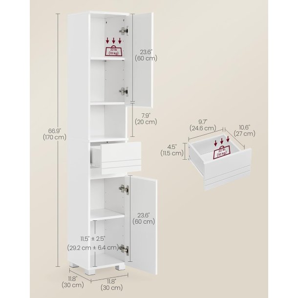 Badevrelsesskab - toiletskab - opbevaringsskab - hvid 30x30x170