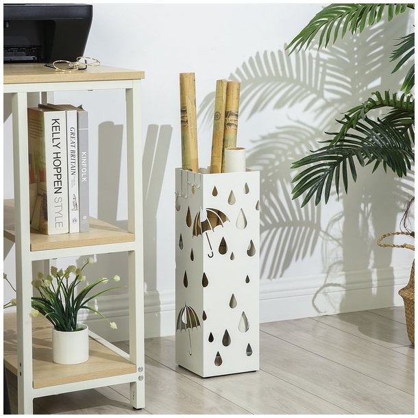 Paraplystativ med kroge og drypbakke - hvid paraplyholder