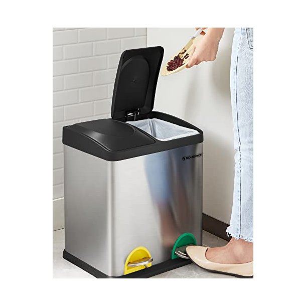 Pedal skraldespand - pedalspand med l�g - 30L (2x15L) s�lv metal