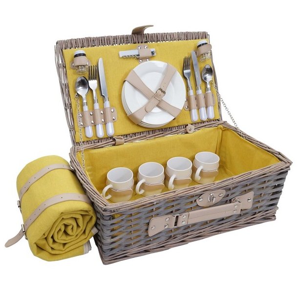 Picnickurv til 4 personer - gr/gult picnicst med picnictppe