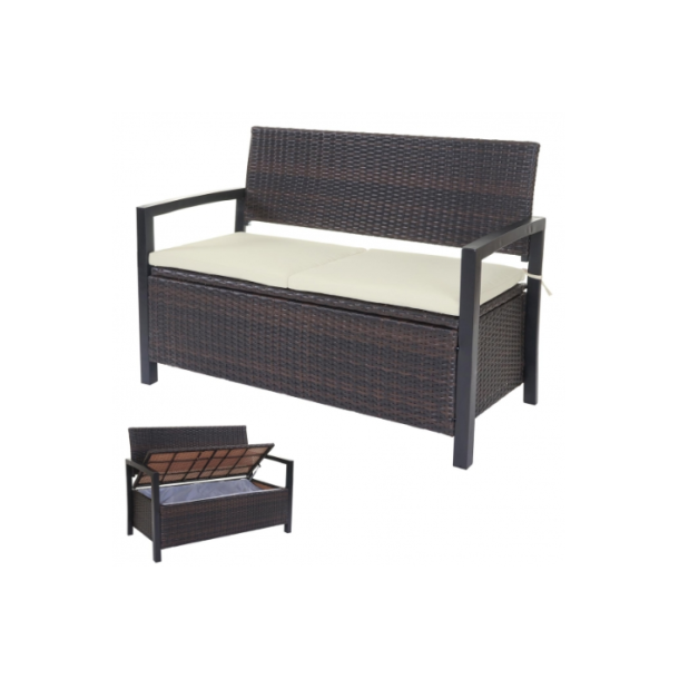 Haveb�nk og hyndeboks - brun polyrattan med creme hynde