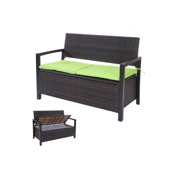 Haveb�nk og hyndeboks - brun polyrattan med gr�n hynde