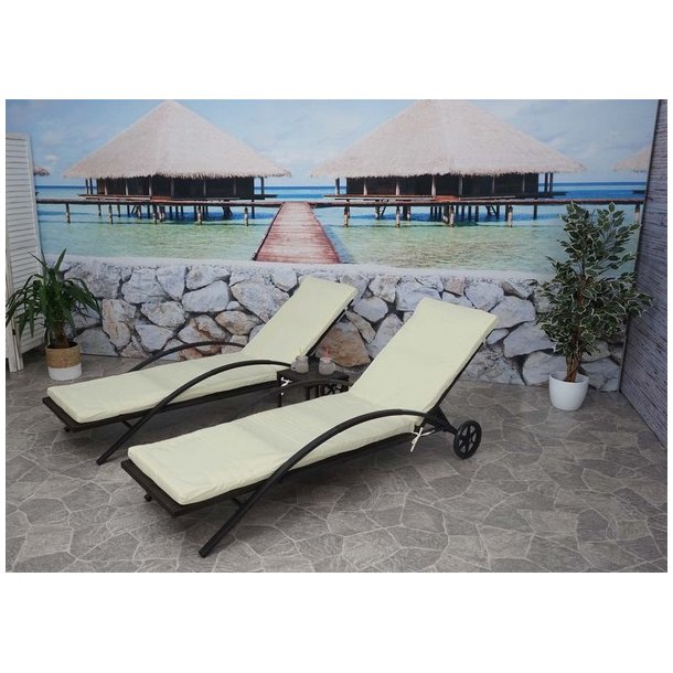 Polyrattan solvogn og solseng - 2 stk brun liggestol og havebord