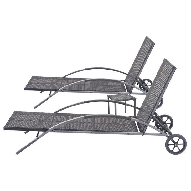 Polyrattan solvogn og solseng - 2 stk sort liggestol og havebord