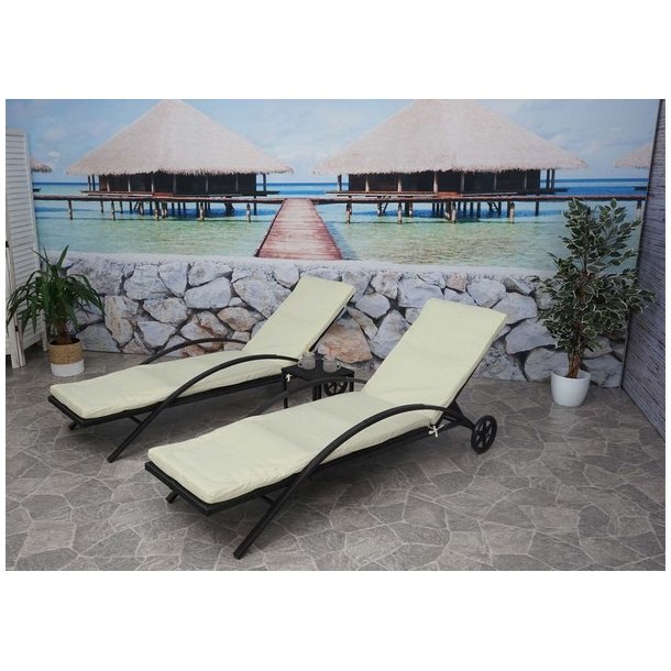 Polyrattan solvogn og solseng - 2 stk sort liggestol og havebord