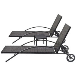 Polyrattan solvogn og solseng - 2 stk sort liggestol og havebord