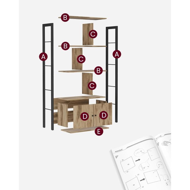 Reol - bogreol i industriel stil - brun eg 154,5 x 74 x 30
