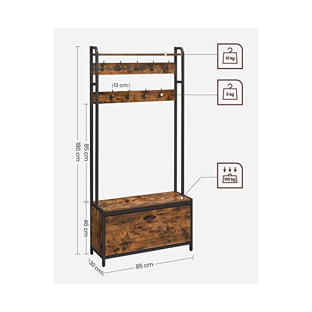 Garderobestativ med knager�kke og skostativ - rustik brun