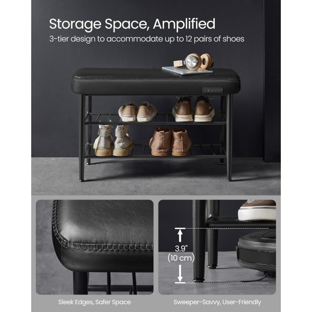 Opbevaringsbnk - siddebnk med skohylder - sort 30 x 80 x 50