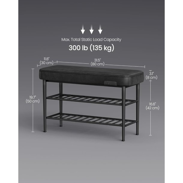 Opbevaringsbnk - siddebnk med skohylder - sort 30 x 80 x 50