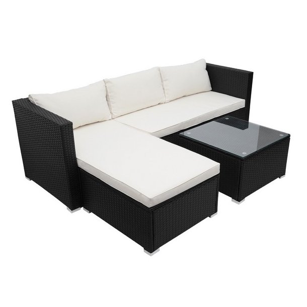 Lounges�t - sorte polyrattan siddegruppe med creme hvide hynder