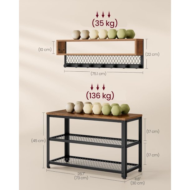 Garderobestativ - skob�nk, knager�kke, hattehylde - rustik brun
