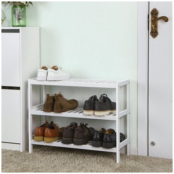 Skoreol i bambus med 3 hylder - hvid skostativ 70 x 55 x 26