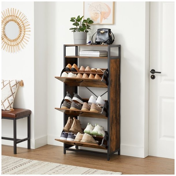 Skoskab med 3 rum - skoreol med 3 skuffer - rustikt brunt