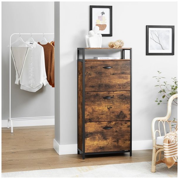 Skoskab med 3 rum - skoreol med 3 skuffer - rustikt brunt