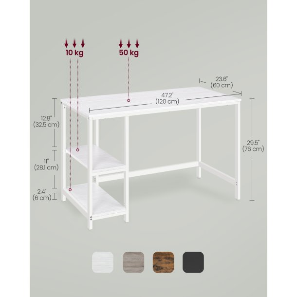 Skrivebord med 2 hylder - computerbord - hvid 120 x 60 x 75