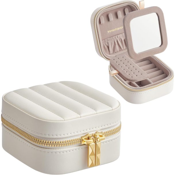 Smykkeskrin med spejl - kompakt rejseskrin til smykker - hvid