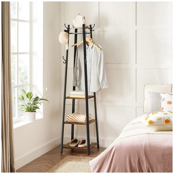 Stumtjener - frakke stativ i sort metal med 3 rustik brune hylder