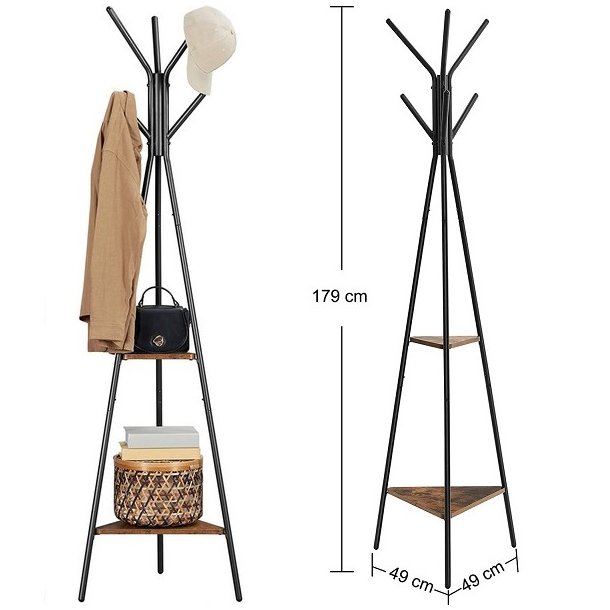 Stumtjener - frakke stativ i sort metal med 2 rustik brune hylder