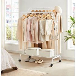 T�jstativ p� hjul - dobbelt t�jskinne hvid 103,5 x 52,5 x 155