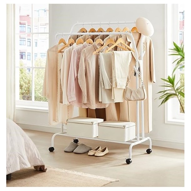 T�jstativ p� hjul - dobbelt t�jskinne hvid 103,5 x 52,5 x 155