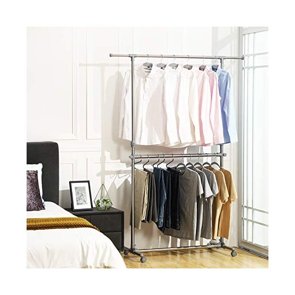 T�jstativ med 2 t�jst�nger - justerbar s�lv b�jlestang p� hjul