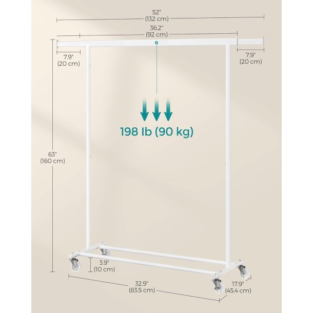 T�jstativ p� 4 hjul - kraftig hvid garderobestativ til 90 kg