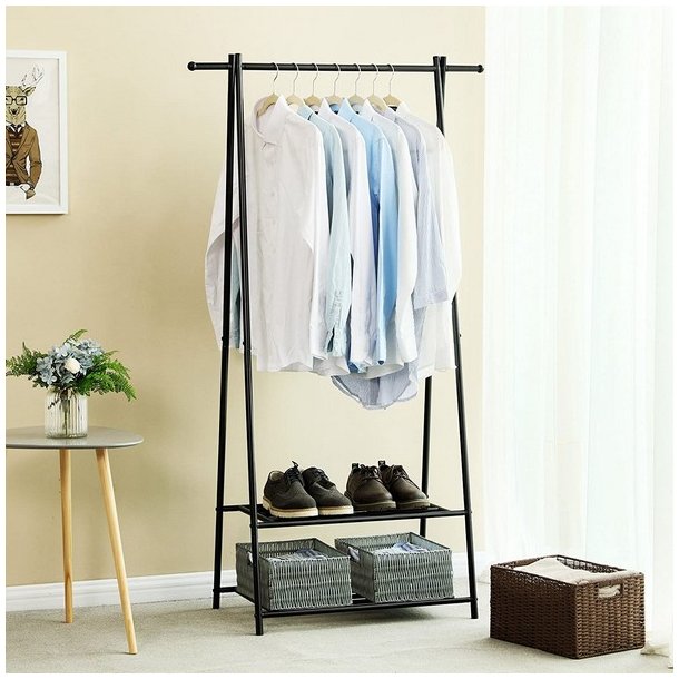 T�jstativ med hylder i sort metal - t�jstang med 2 skohylder