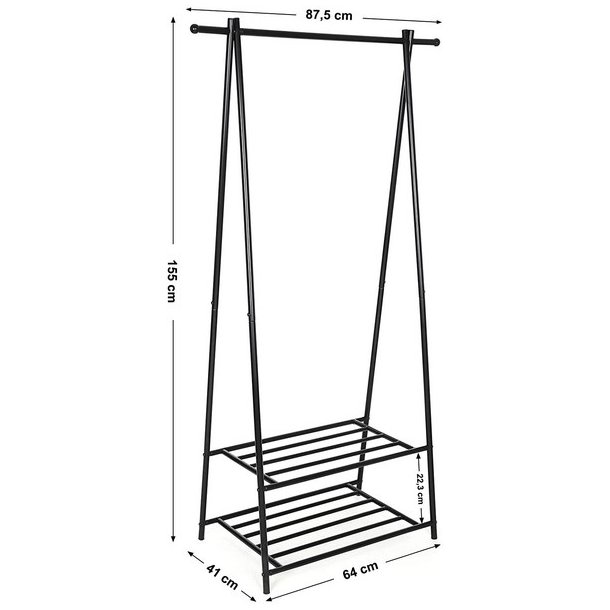 T�jstativ med hylder i sort metal - t�jstang med 2 skohylder