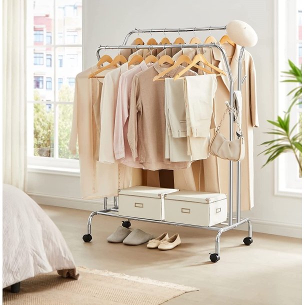 T�jstativ p� hjul - dobbelt t�jskinne s�lv 103,5 x 52,5 x 155