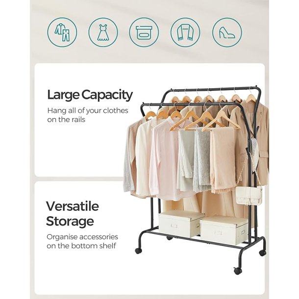 T�jstativ p� hjul - dobbelt t�jskinne sort 103,5 x 52,5 x 155