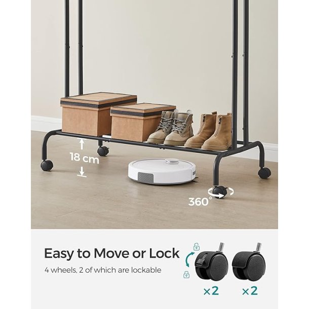 T�jstativ p� hjul - dobbelt t�jskinne sort 103,5 x 52,5 x 155