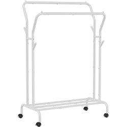 T�jstativ p� hjul - dobbelt t�jskinne hvid 103,5 x 52,5 x 155