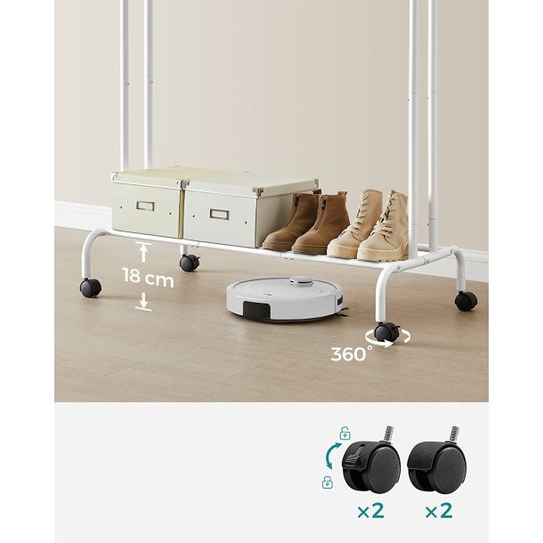 T�jstativ p� hjul - dobbelt t�jskinne hvid 103,5 x 52,5 x 155