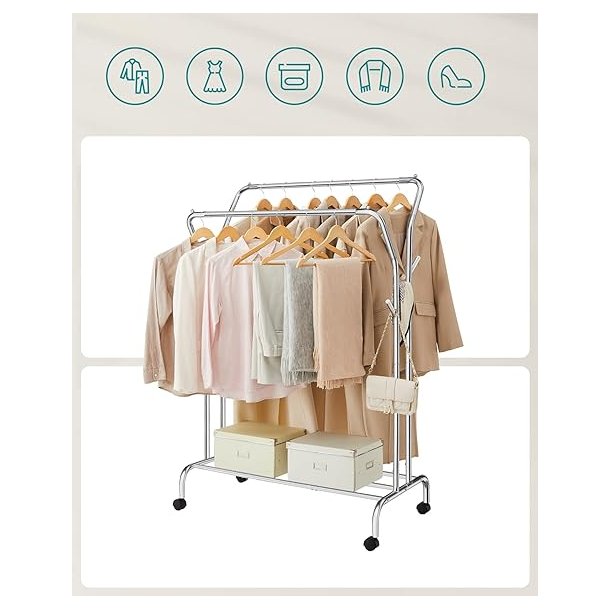 T�jstativ p� hjul - dobbelt t�jskinne s�lv 103,5 x 52,5 x 155