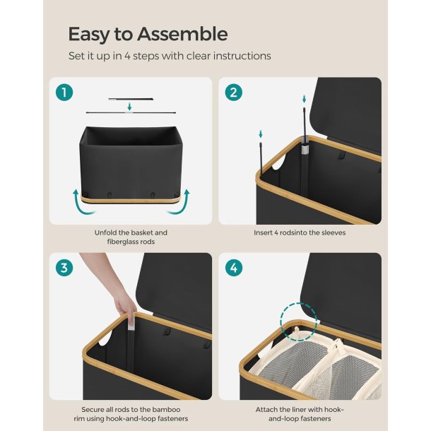 Vasket�jskurv med 3 rum - 3 vasket�jsposer - 150 liter - sort