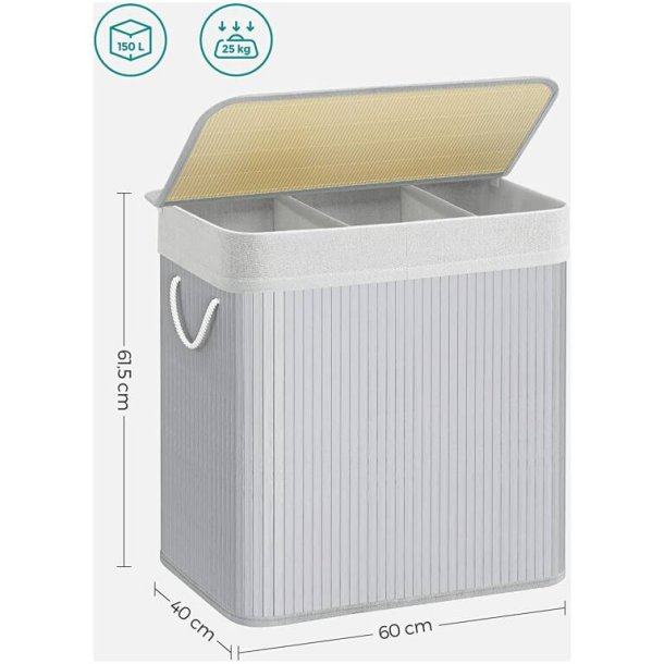 Vasket�jskurv i bambus med 3-delt vasket�jspose - 150 liter - gr�