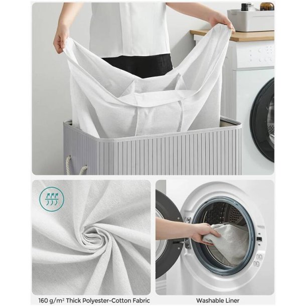 Vasket�jskurv i bambus med 3-delt vasket�jspose - 150 liter - gr�