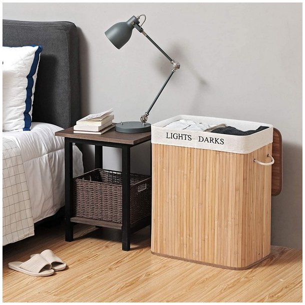 Vasket�jskurv i bambus med 2 delt vasket�jspose - 100 liter - brun