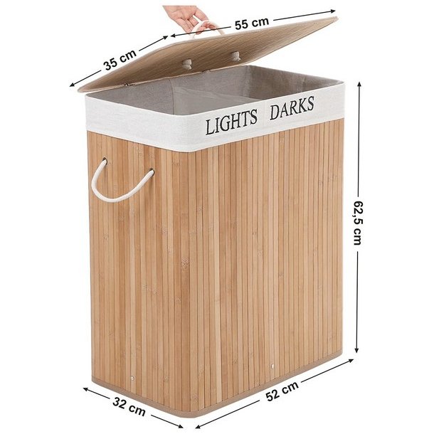 Vasket�jskurv i bambus med 2 delt vasket�jspose - 100 liter - brun