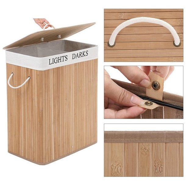 Vasket�jskurv i bambus med 2 delt vasket�jspose - 100 liter - brun