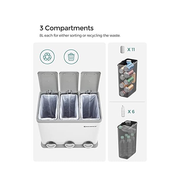 Pedal skraldespand - pedalspand med l�g - 24L (3x8L) hvid metal