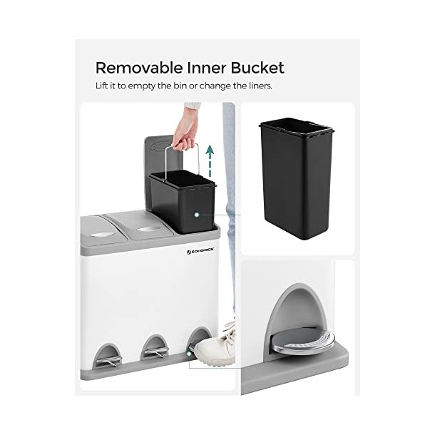 Pedal skraldespand - pedalspand med l�g - 24L (3x8L) hvid metal