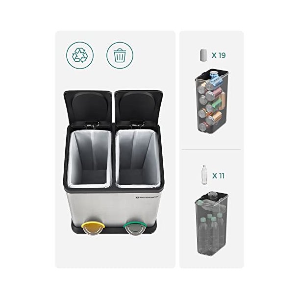 Pedal skraldespand - pedalspand med l�g - 30L (2x15L) s�lv metal