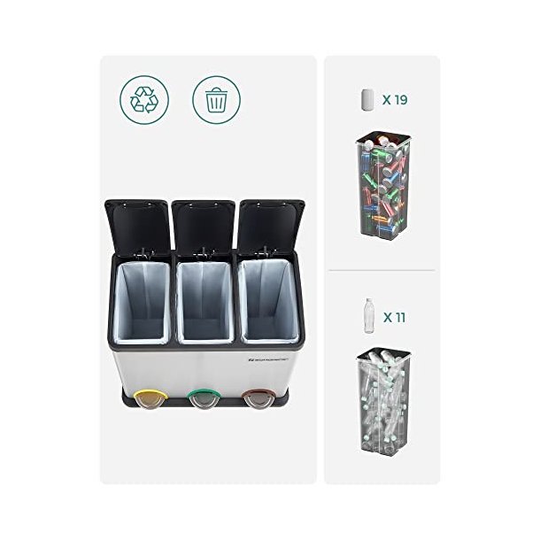 Pedalspand - skraldespand med l�g - 45L (3x15L) s�lv metal